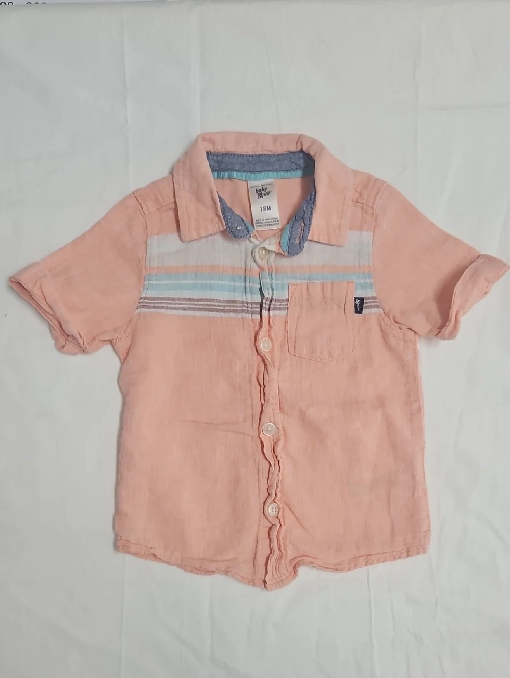 Baby OshKosh B'gosh 18 Months Peach Linen Short-Sleeve Button-Up Stripe Shirt